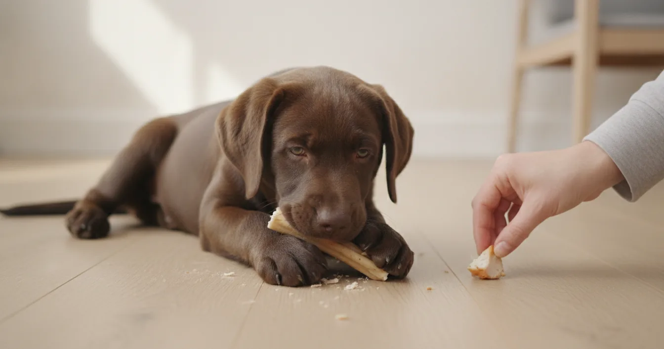 Puppy chewing a stick while a hand places a treat nearby