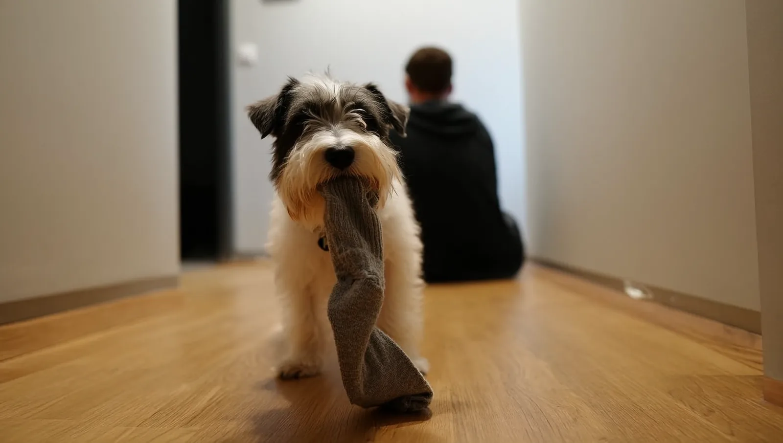 Terrier puppy carrying a grey sock down a hallway