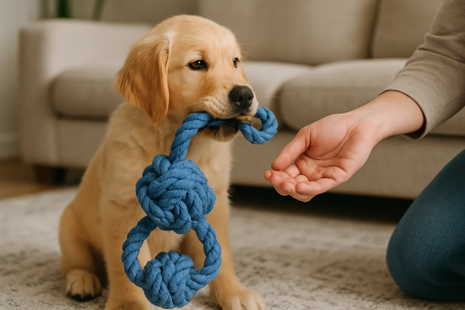 Puppy holding a blue rope toy beside an open hand
