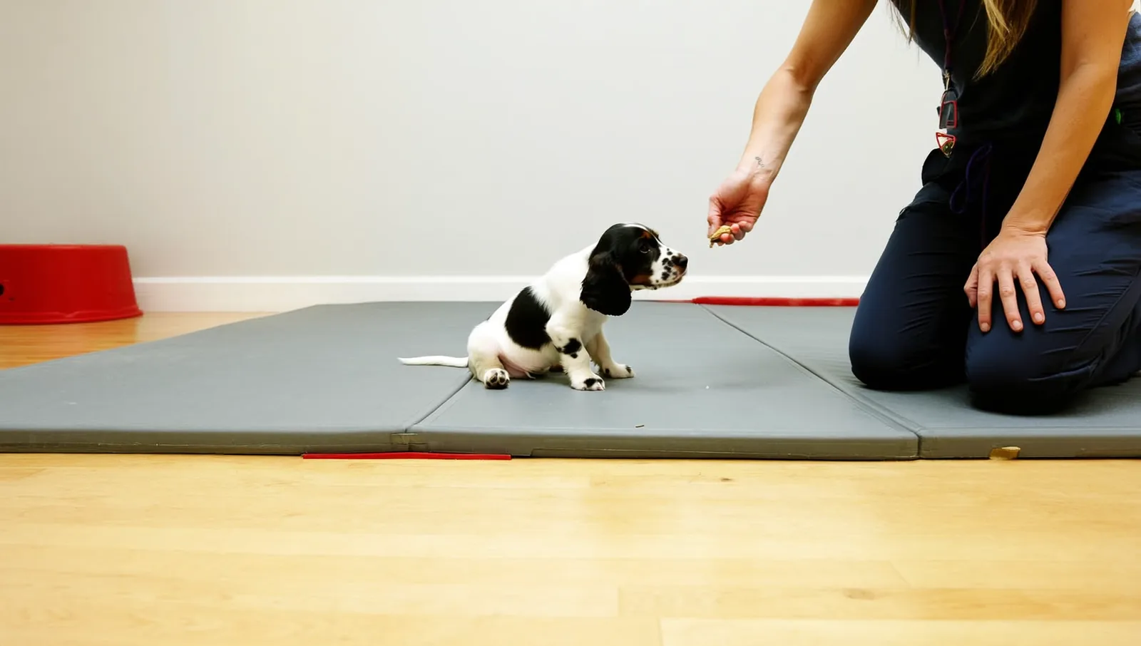 A spaniel puppy on a training mat taking a treat
