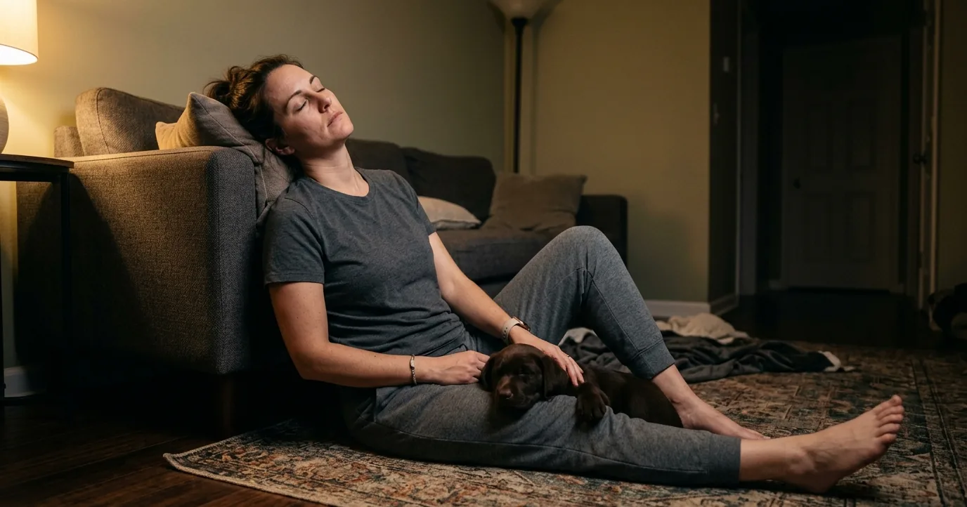 A woman sitting on a living room floor beside a sleeping puppy