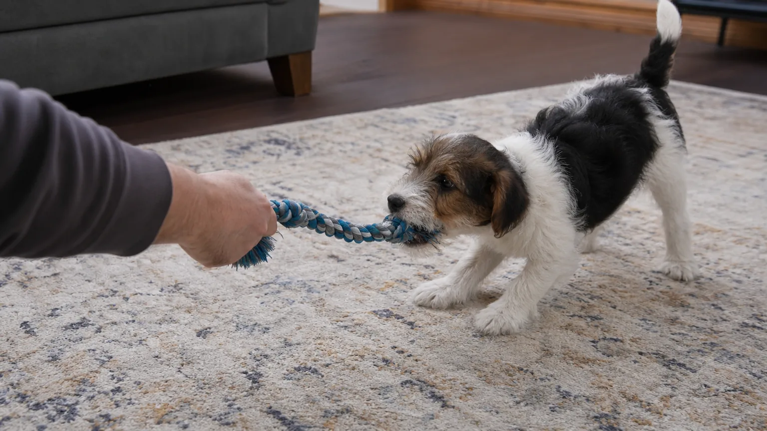 A terrier puppy biting a rope toy held by a hand