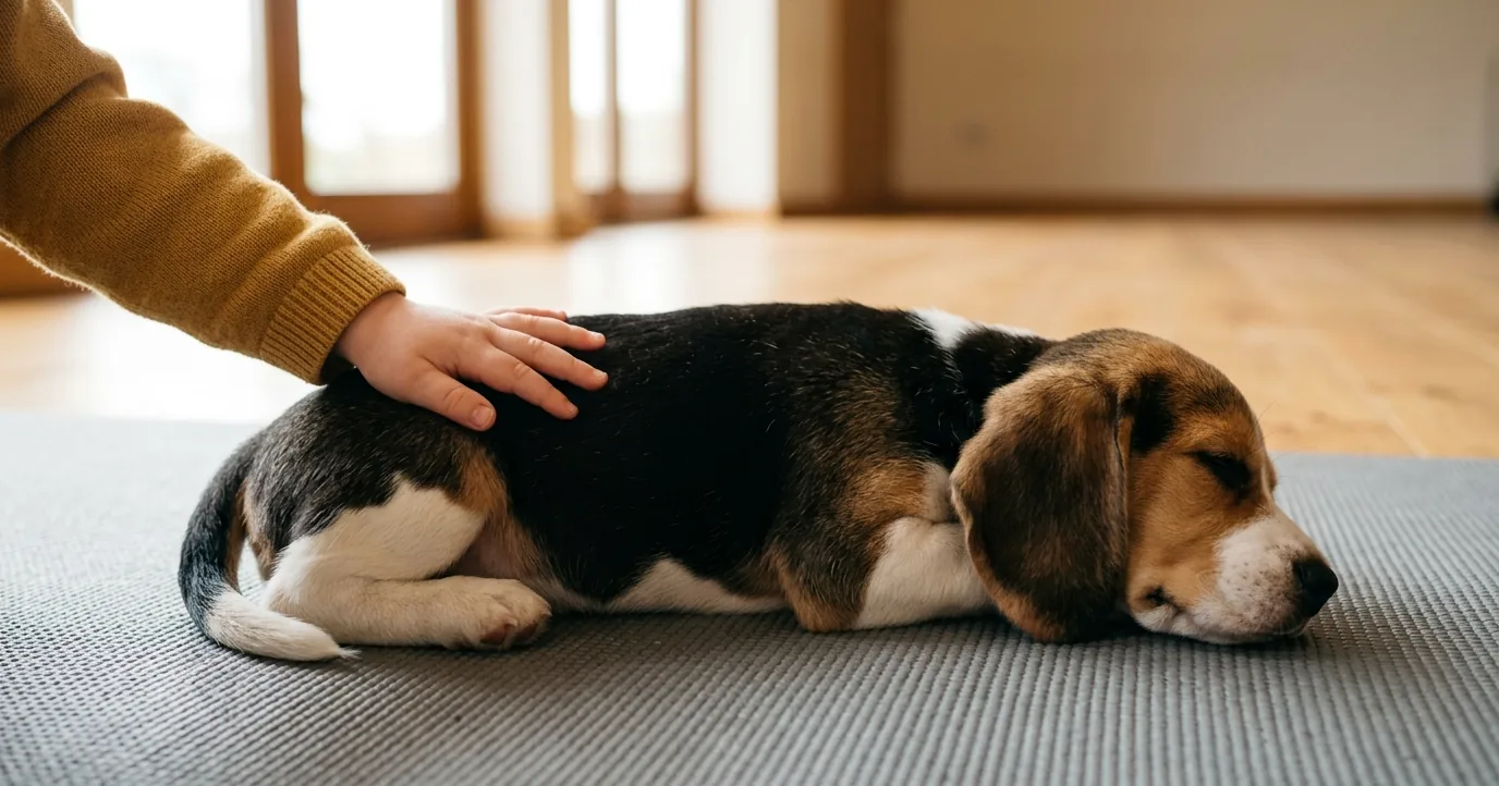 Child's hand on a sleeping beagle puppy on a mat