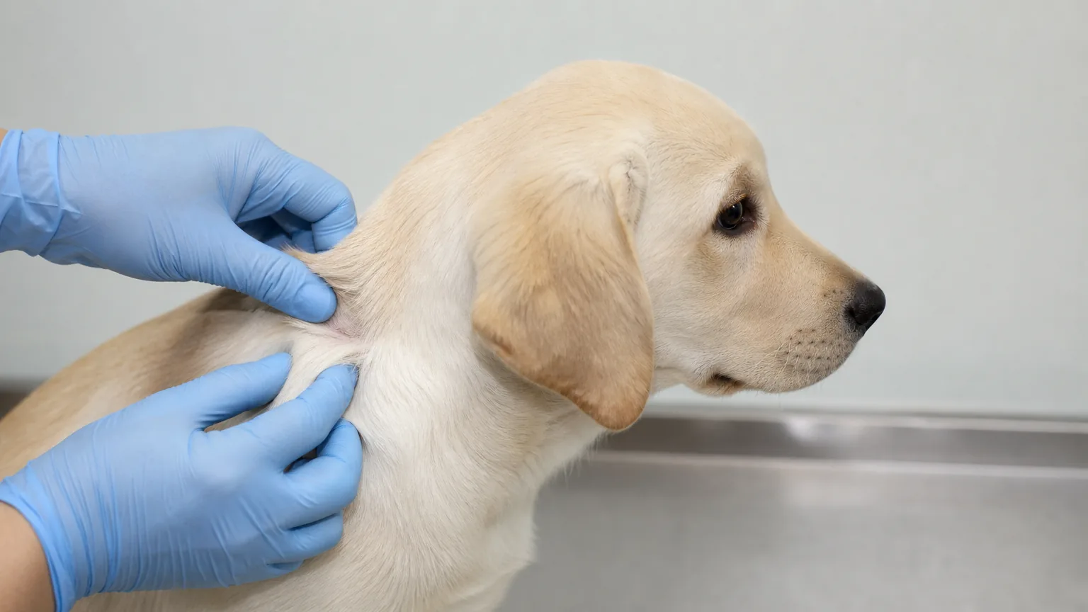 Vet's gloved hands checking a puppy's skin