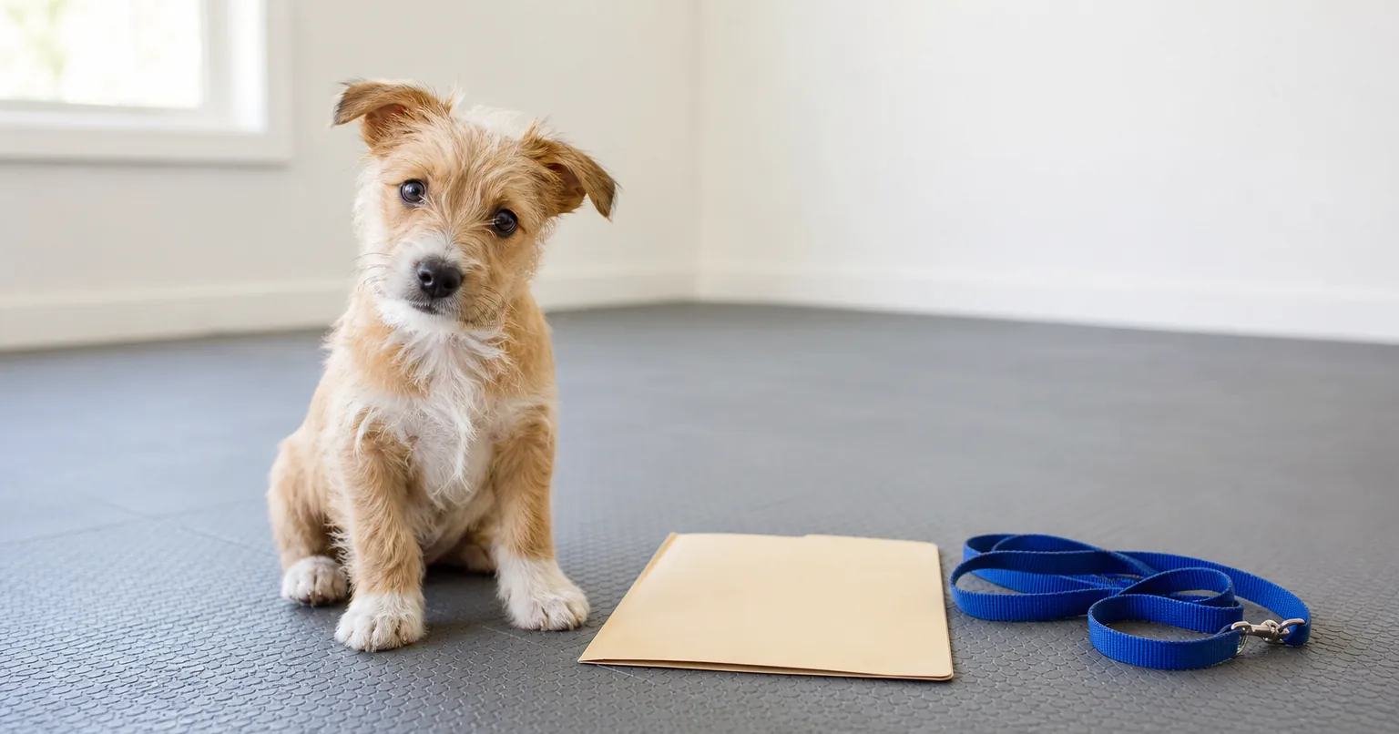 Terrier mix puppy sitting beside a folder and leash