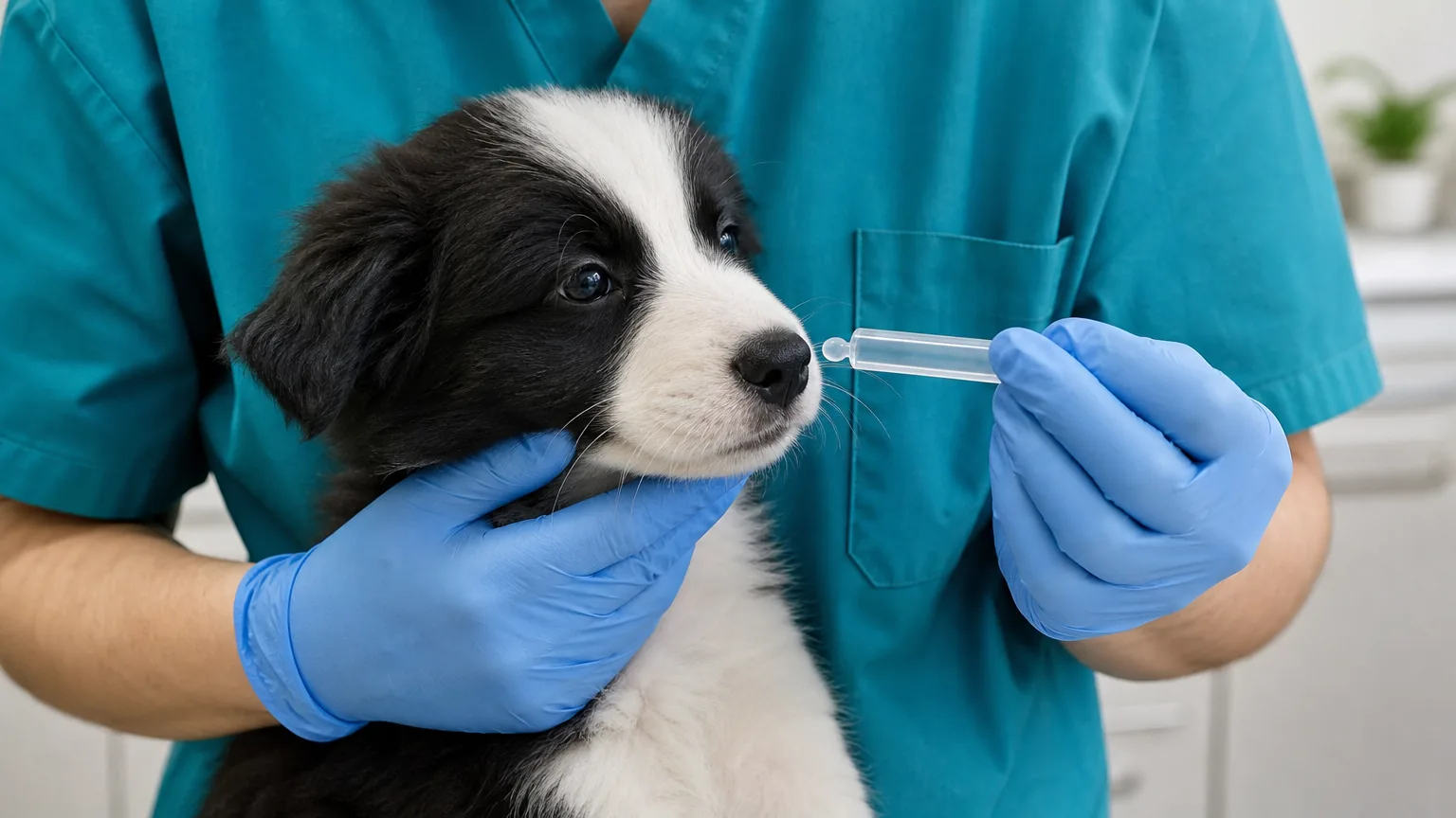 Vet holding a nasal applicator to a puppy's nose