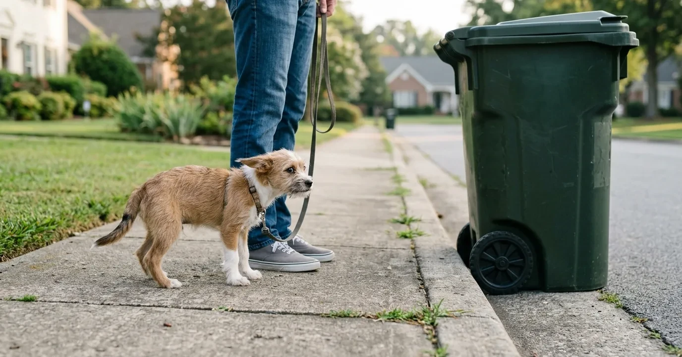 Puppy on a leash looking at a trash can on a sidewalk