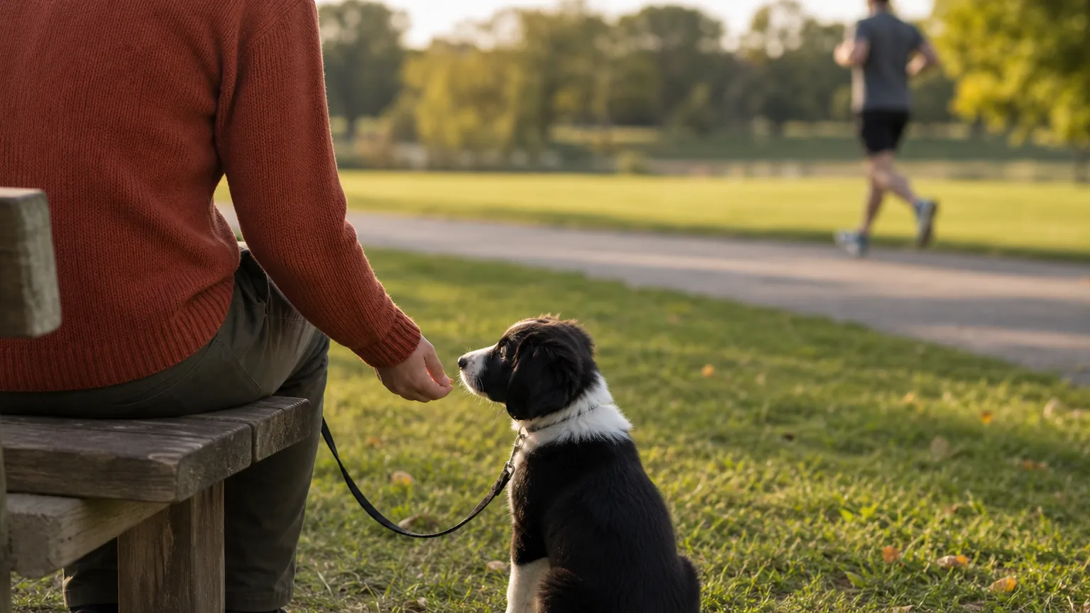 Puppy on a leash taking a treat beside a park bench