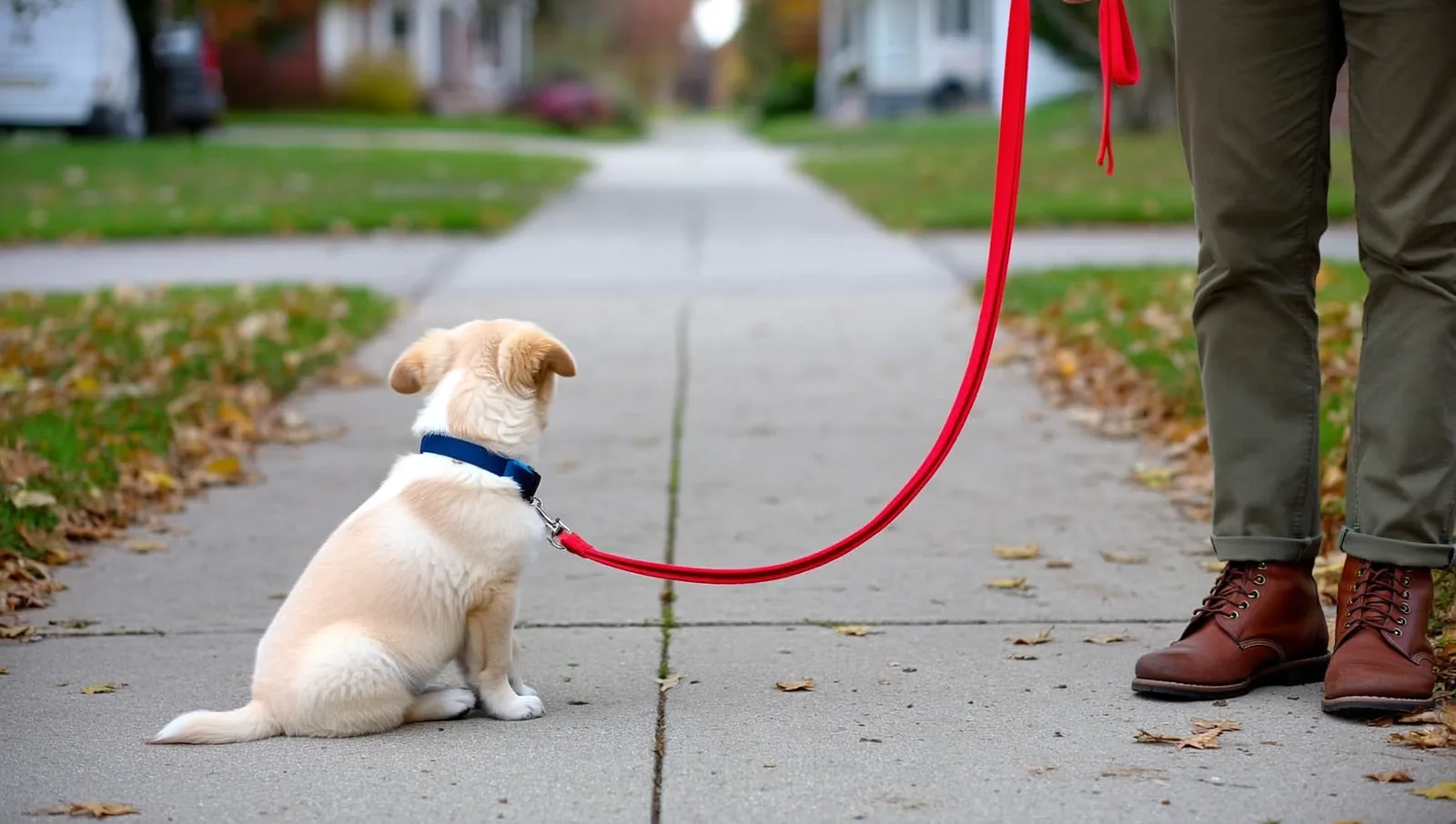 Puppy sitting on a sidewalk on a slack red leash