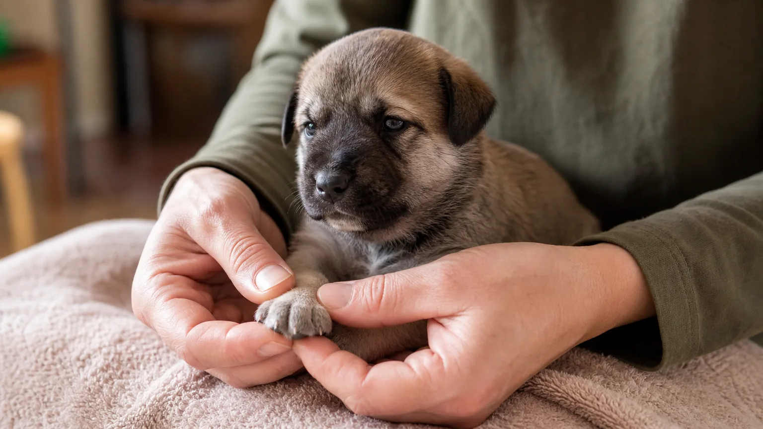 Two hands holding the front paw of a small puppy