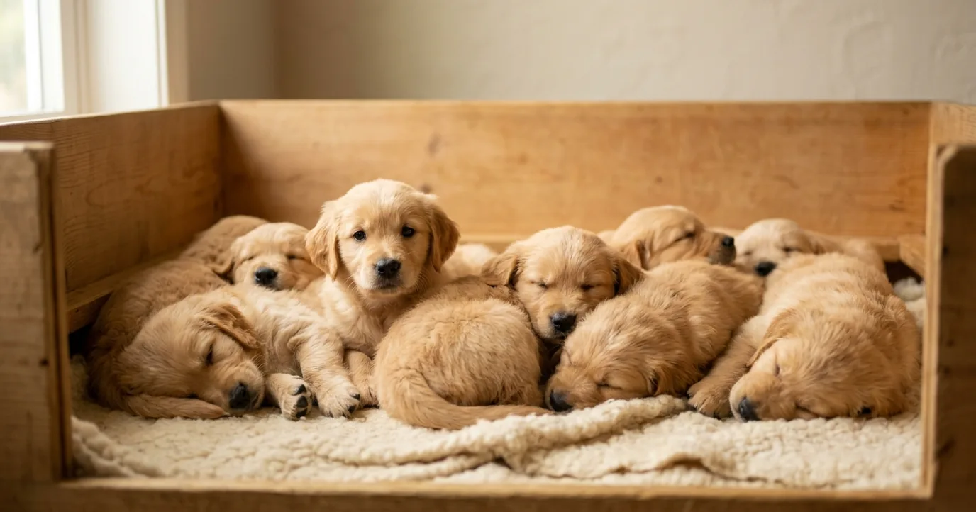 A litter of young puppies resting together in a whelping pen