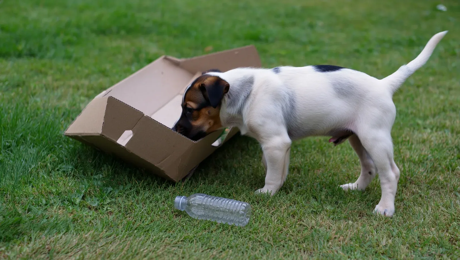 A young puppy on grass sniffing an open cardboard box