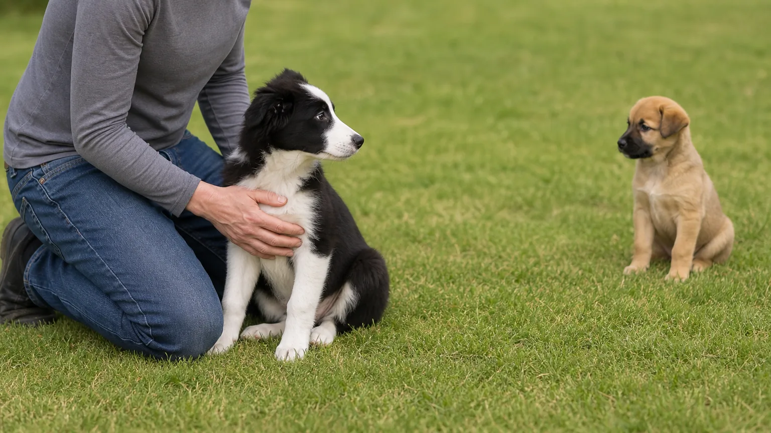 Hand resting on a puppy's chest, second puppy nearby
