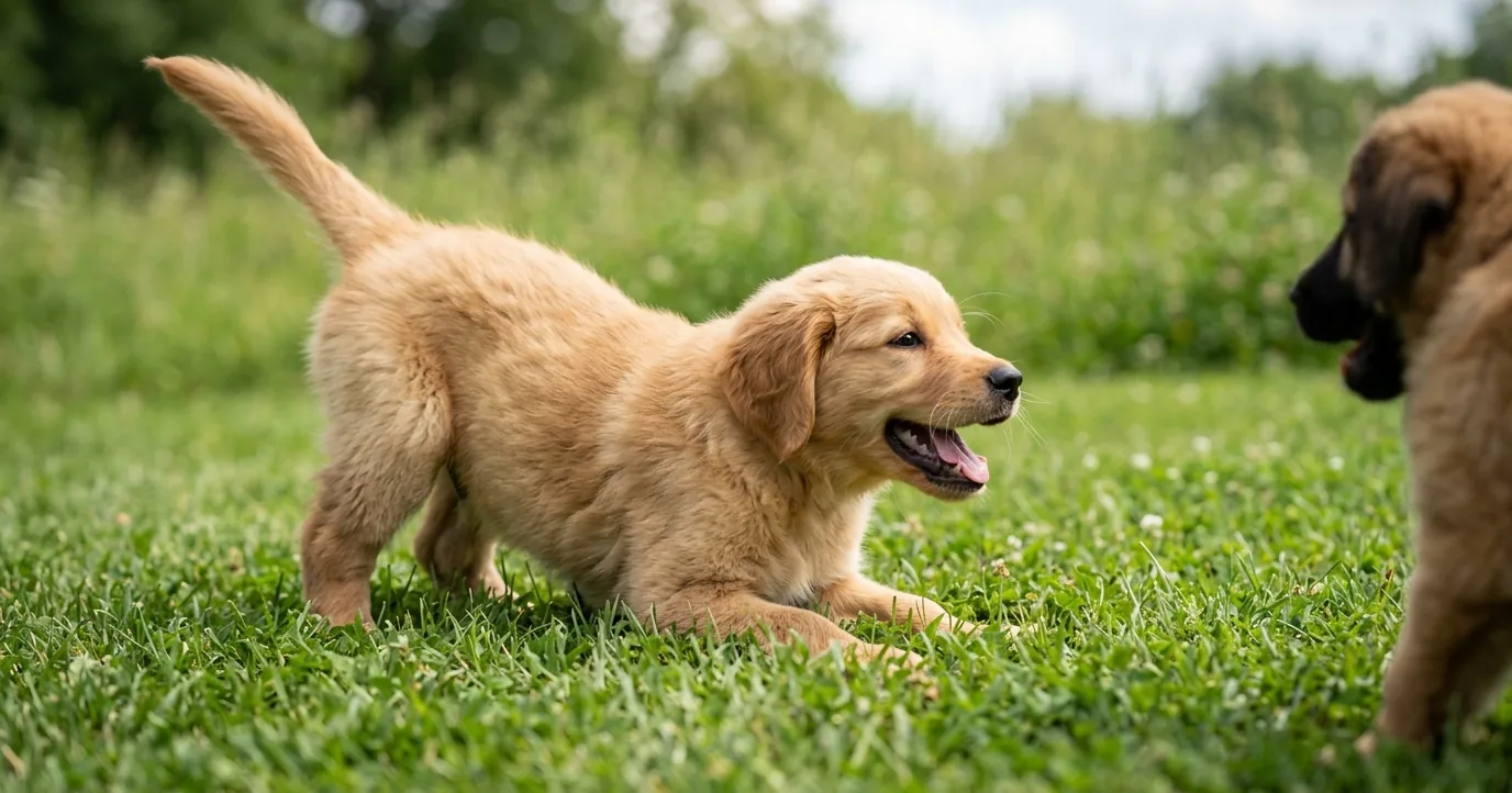 A puppy in a play bow on grass facing another puppy
