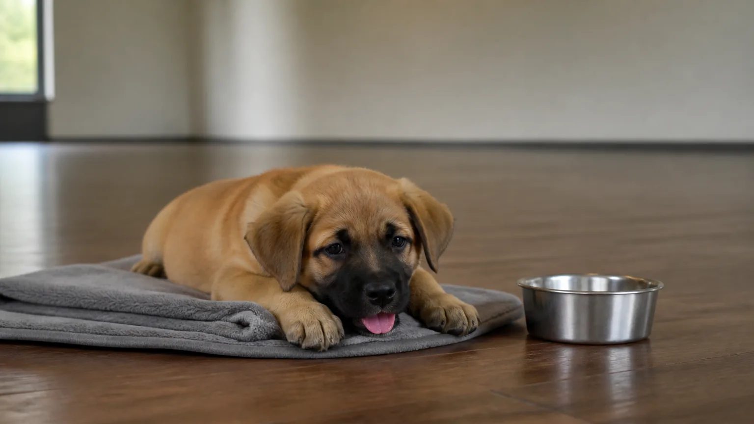 A puppy lying on a grey blanket beside a water bowl