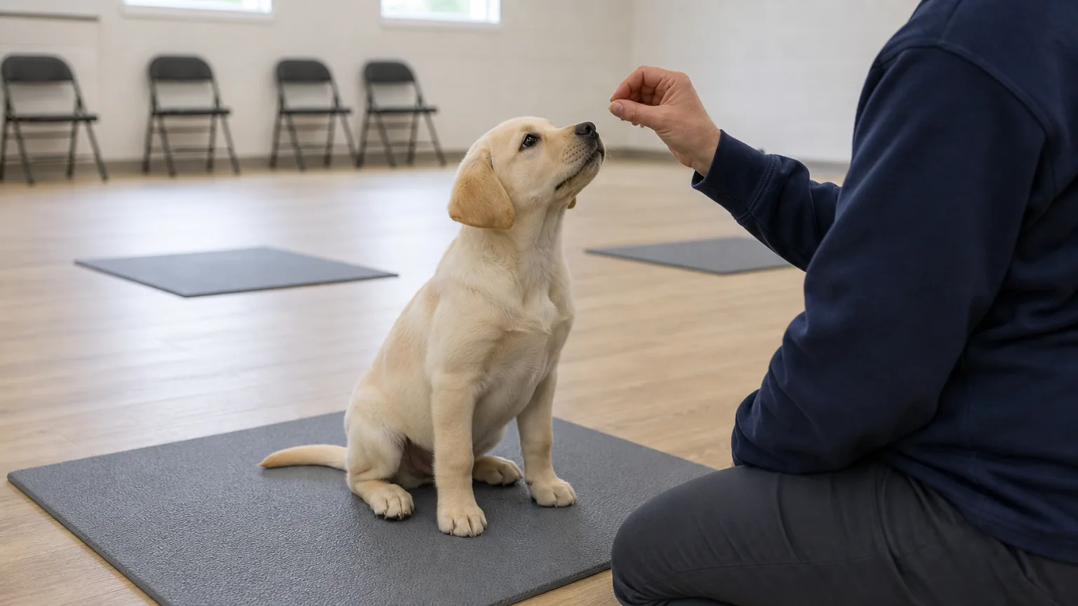 Labrador puppy sitting on a mat in a training hall