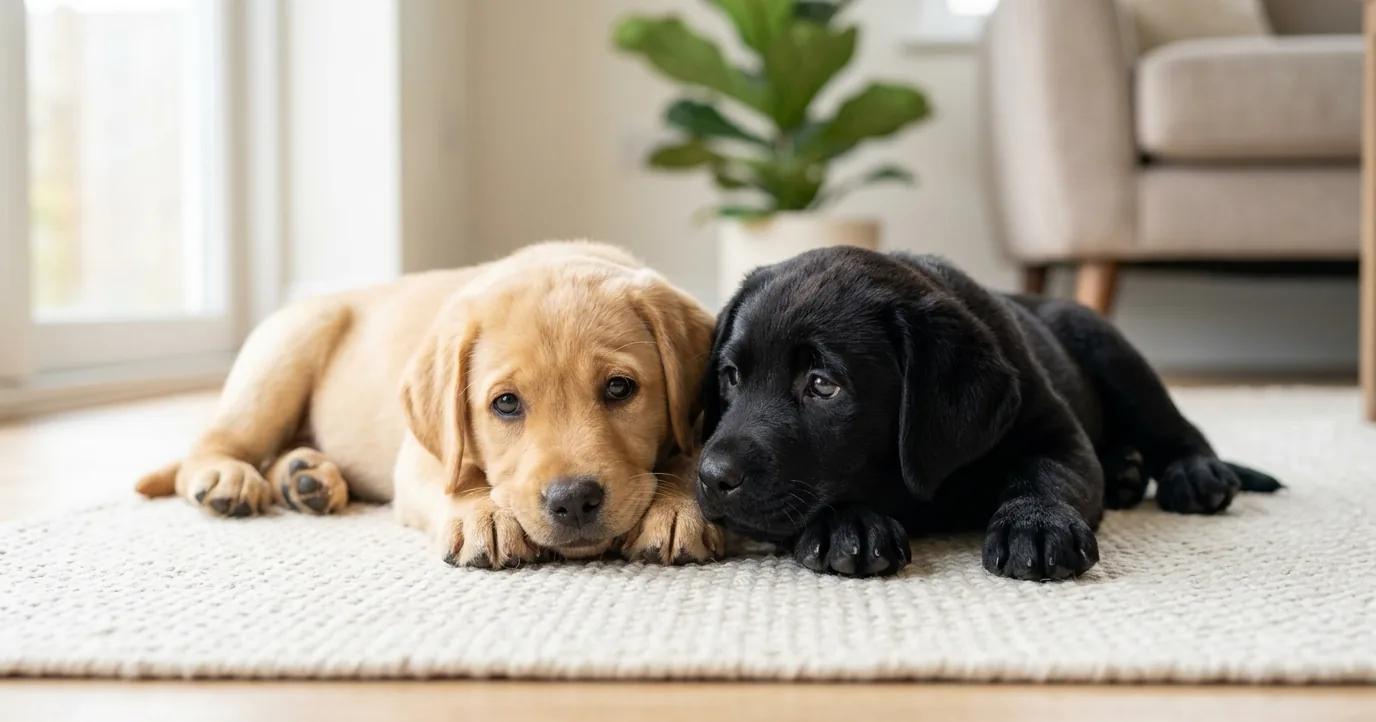 Yellow and black Labrador puppies lying on a rug
