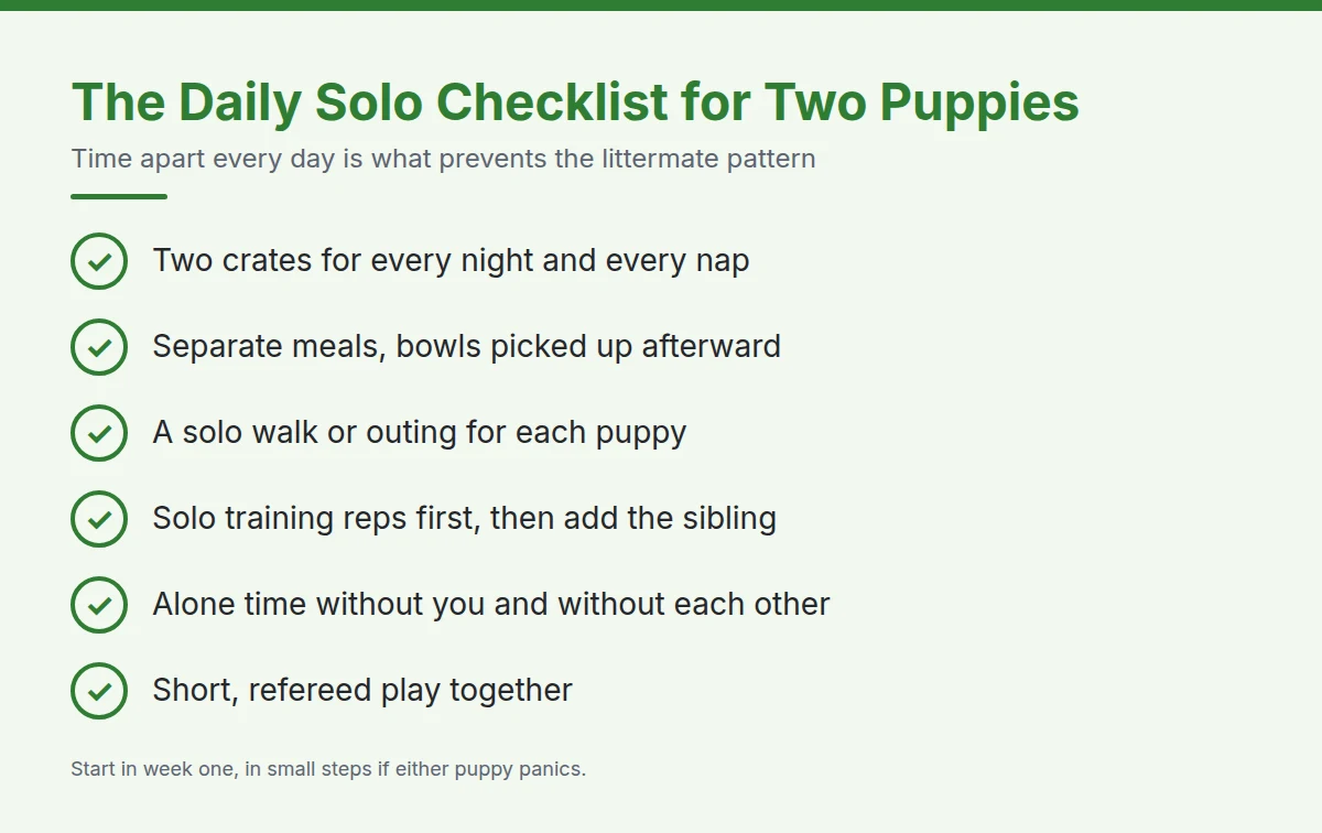 Summary card: The Daily Solo Checklist for Two Puppies
