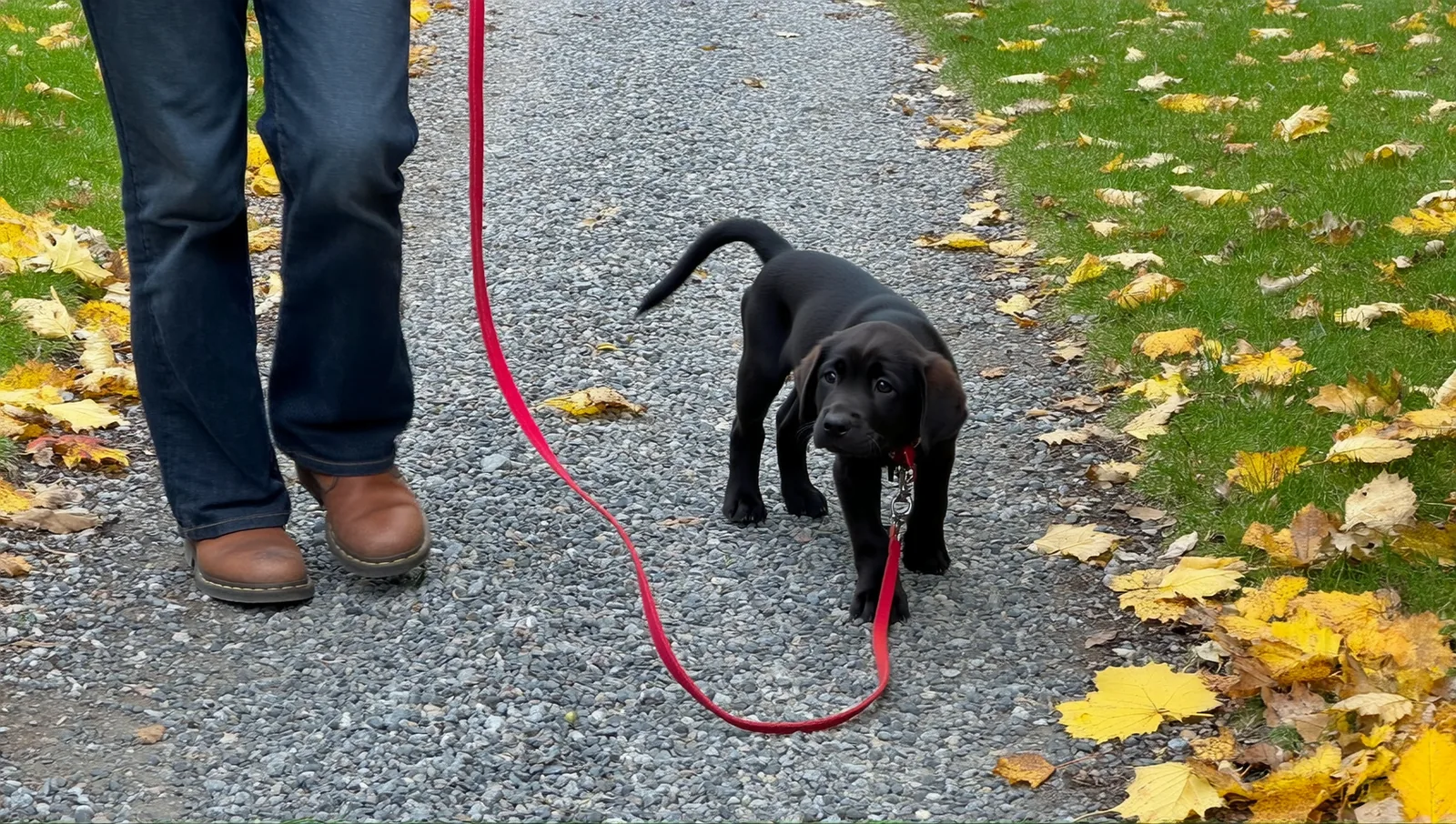 Black Labrador puppy on a red leash on a gravel path