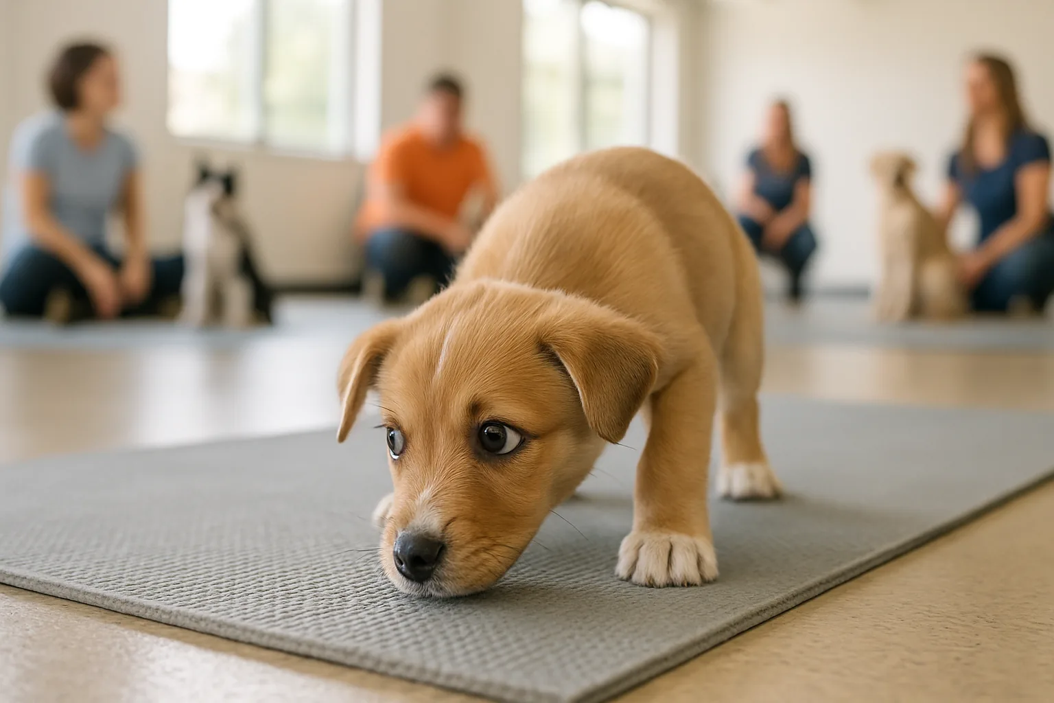 A small puppy on a training mat lowering its nose to sniff the floor instead of engaging during a group class