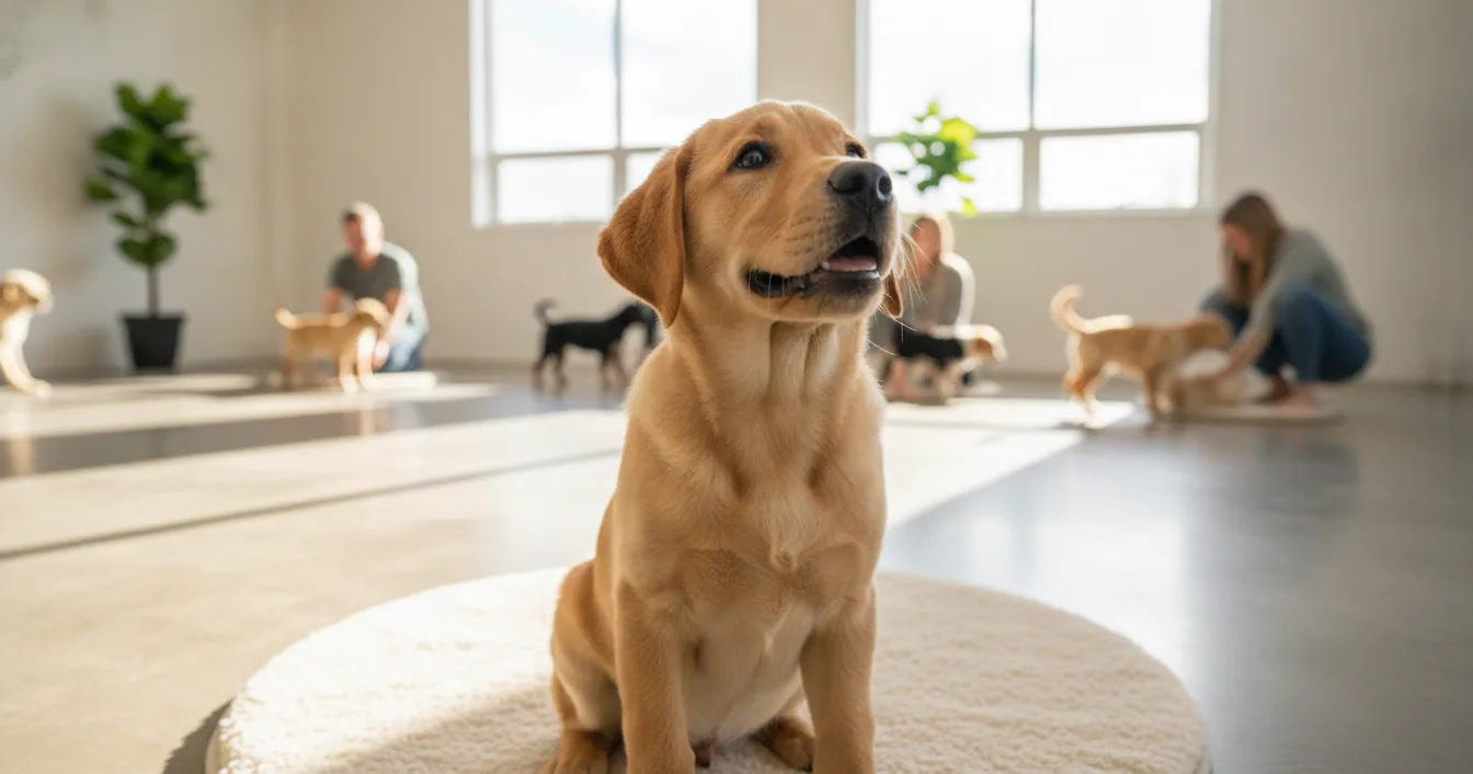 A young puppy sitting on a mat in a bright indoor training class, looking up at its owner with soft, relaxed eyes.