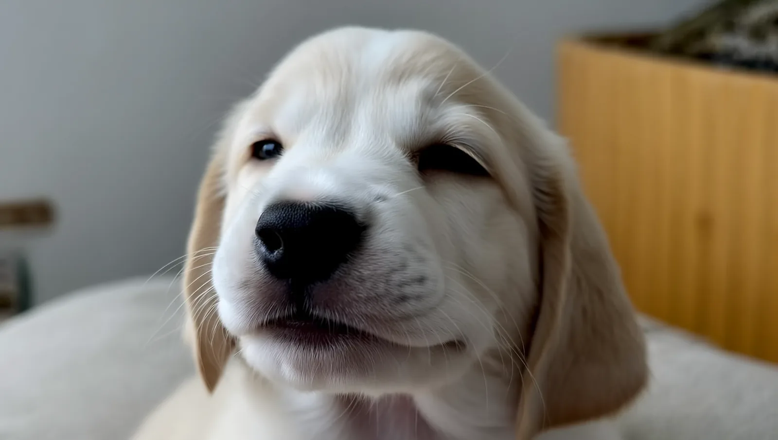 Close-up of a relaxed puppy with soft, squinting eyes and a loose, open mouth