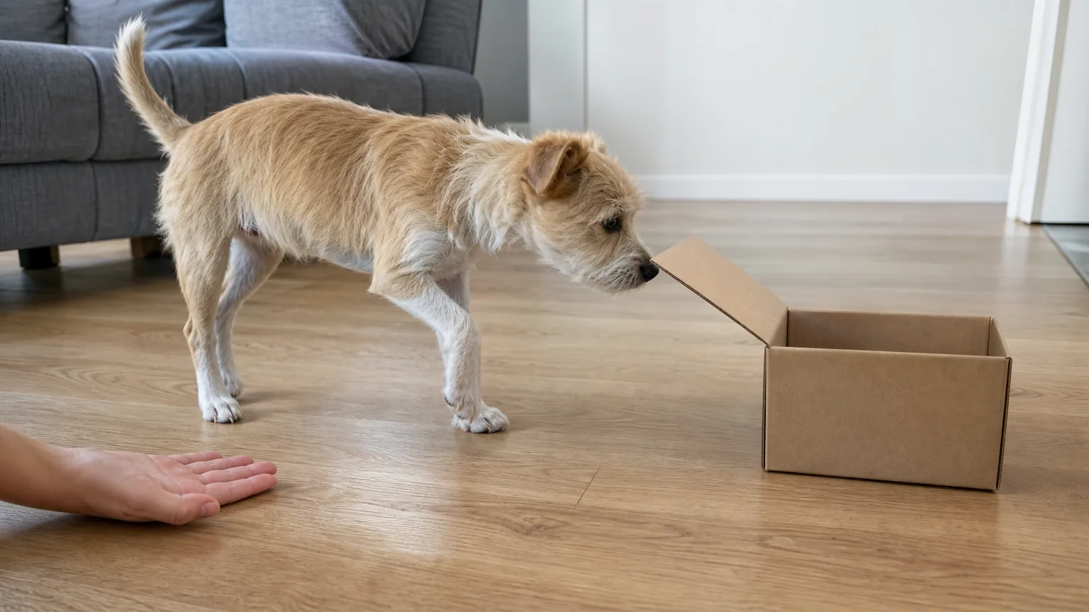 Terrier mix puppy sniffing an open cardboard box