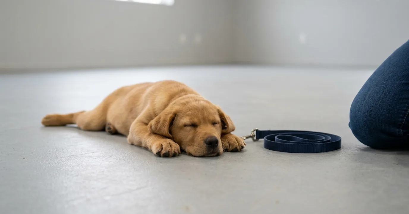 Puppy lying still on a training hall floor