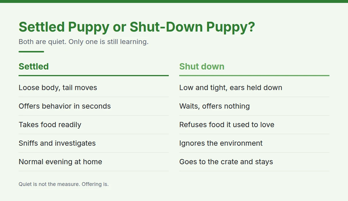 Summary card: Settled Puppy or Shut-Down Puppy?