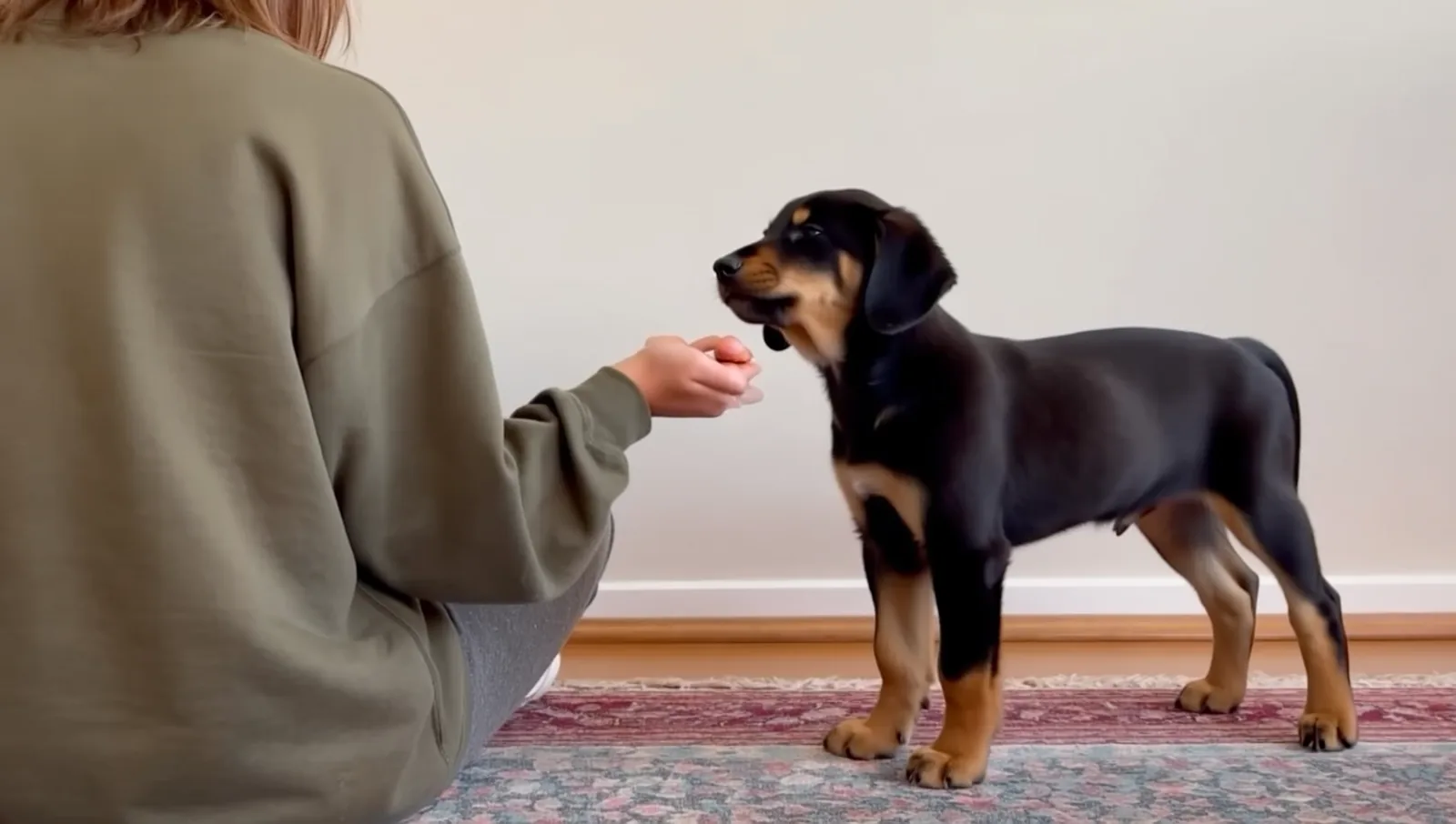 Black and tan puppy taking food from a low hand