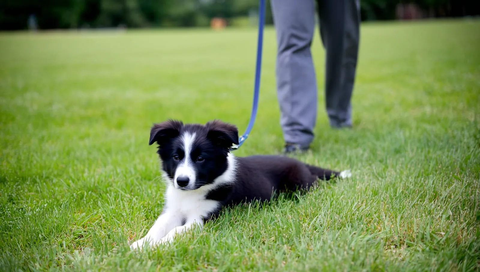 A border collie puppy in a down-stay on park grass