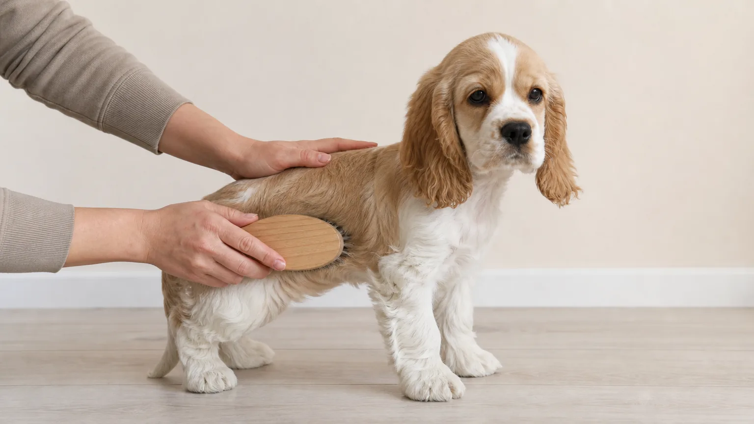 Two hands brushing the shoulder of a spaniel puppy