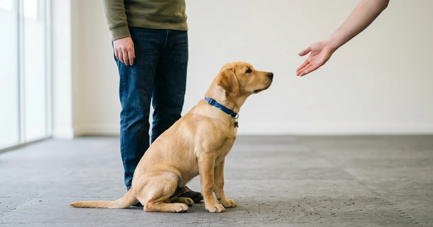A Labrador puppy sitting still as a hand reaches out