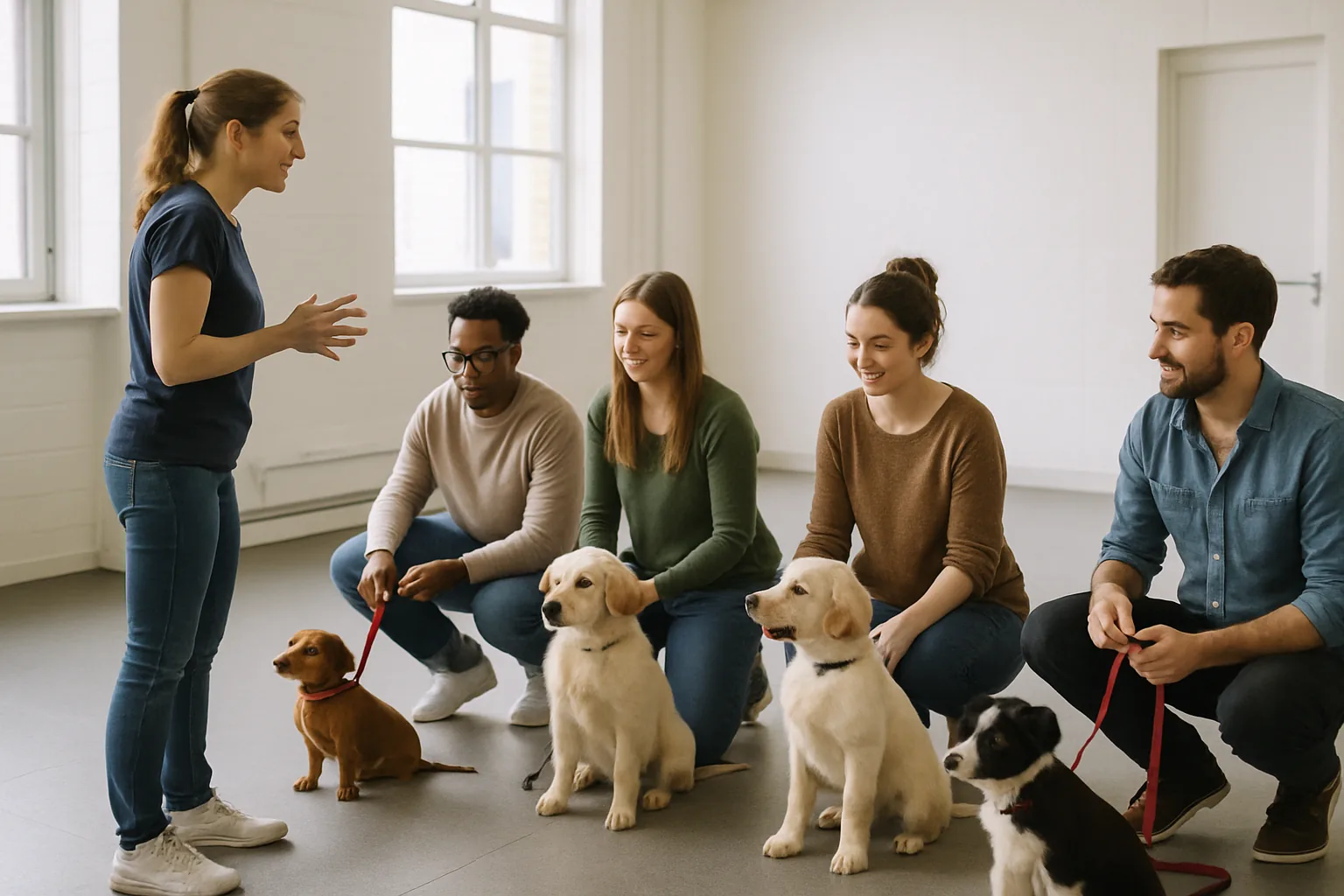 Owners and their puppies working with a trainer in a group puppy class