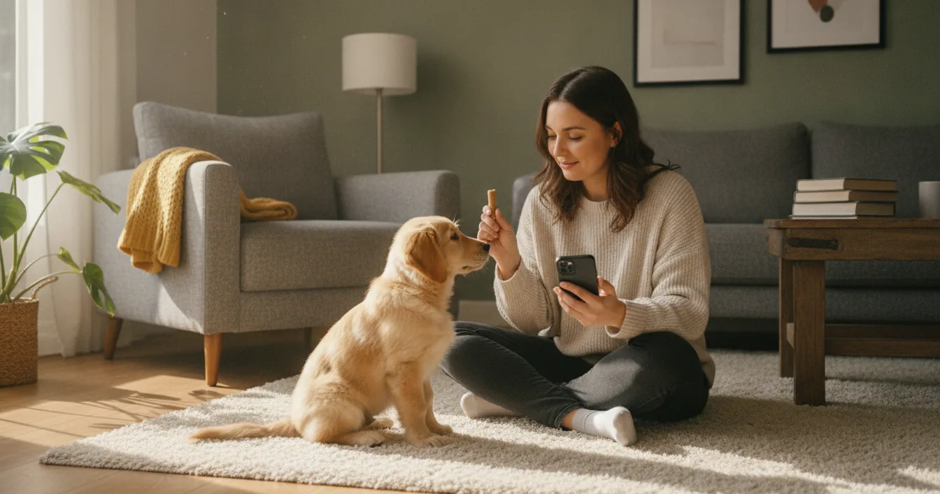 A person sitting on the floor at home using a smartphone while training a young puppy.