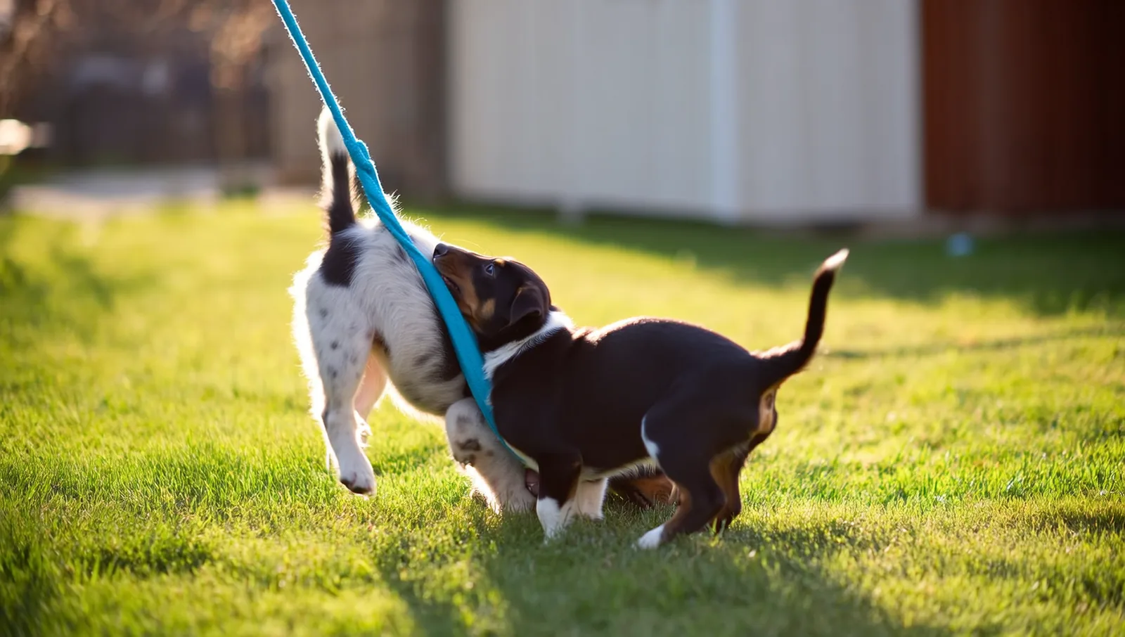 Two young puppies playing together on grass, one in a play bow