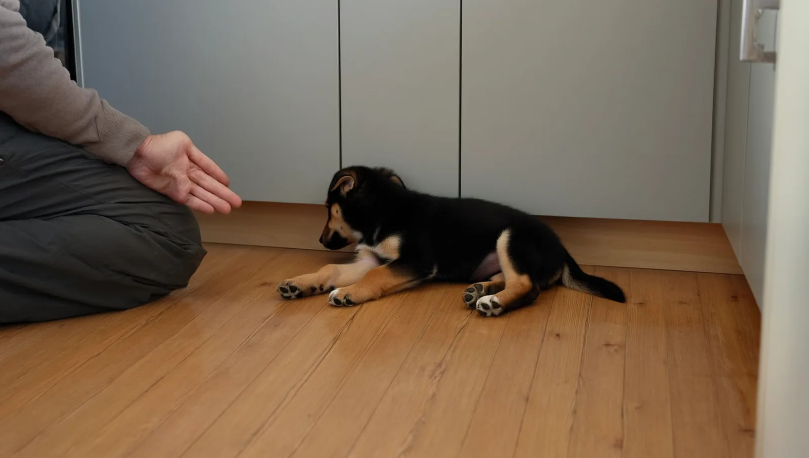Black and tan puppy lying on a floor looking away from a hand