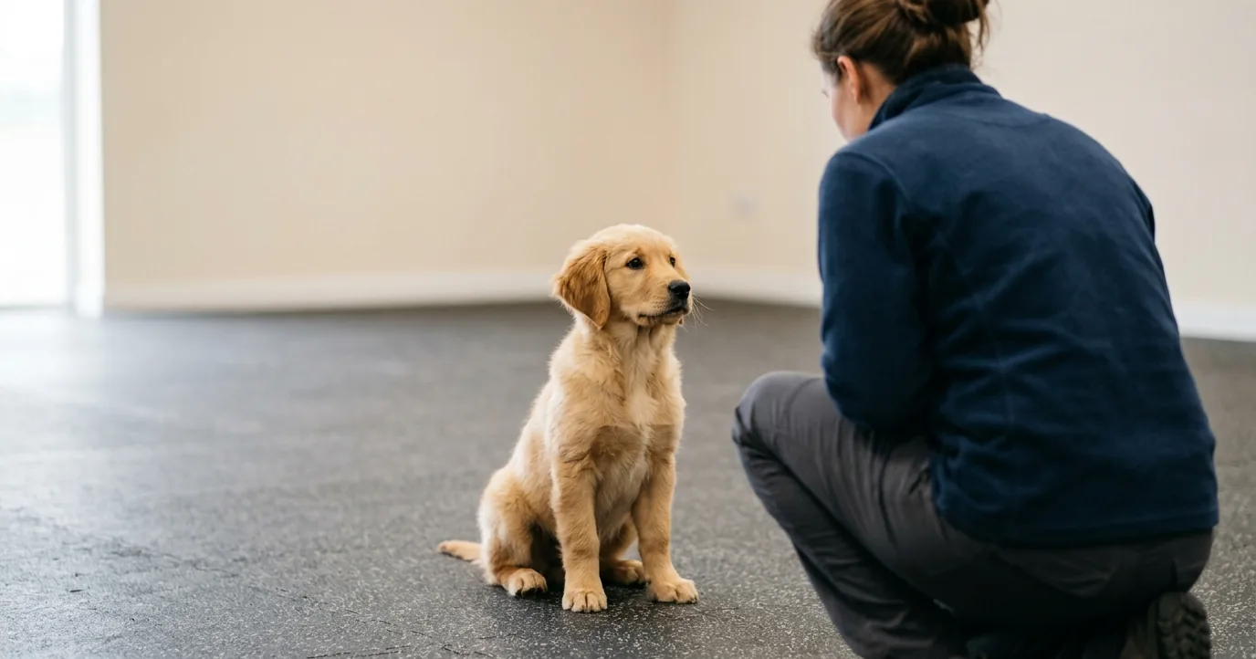 Golden retriever puppy sitting facing a kneeling person