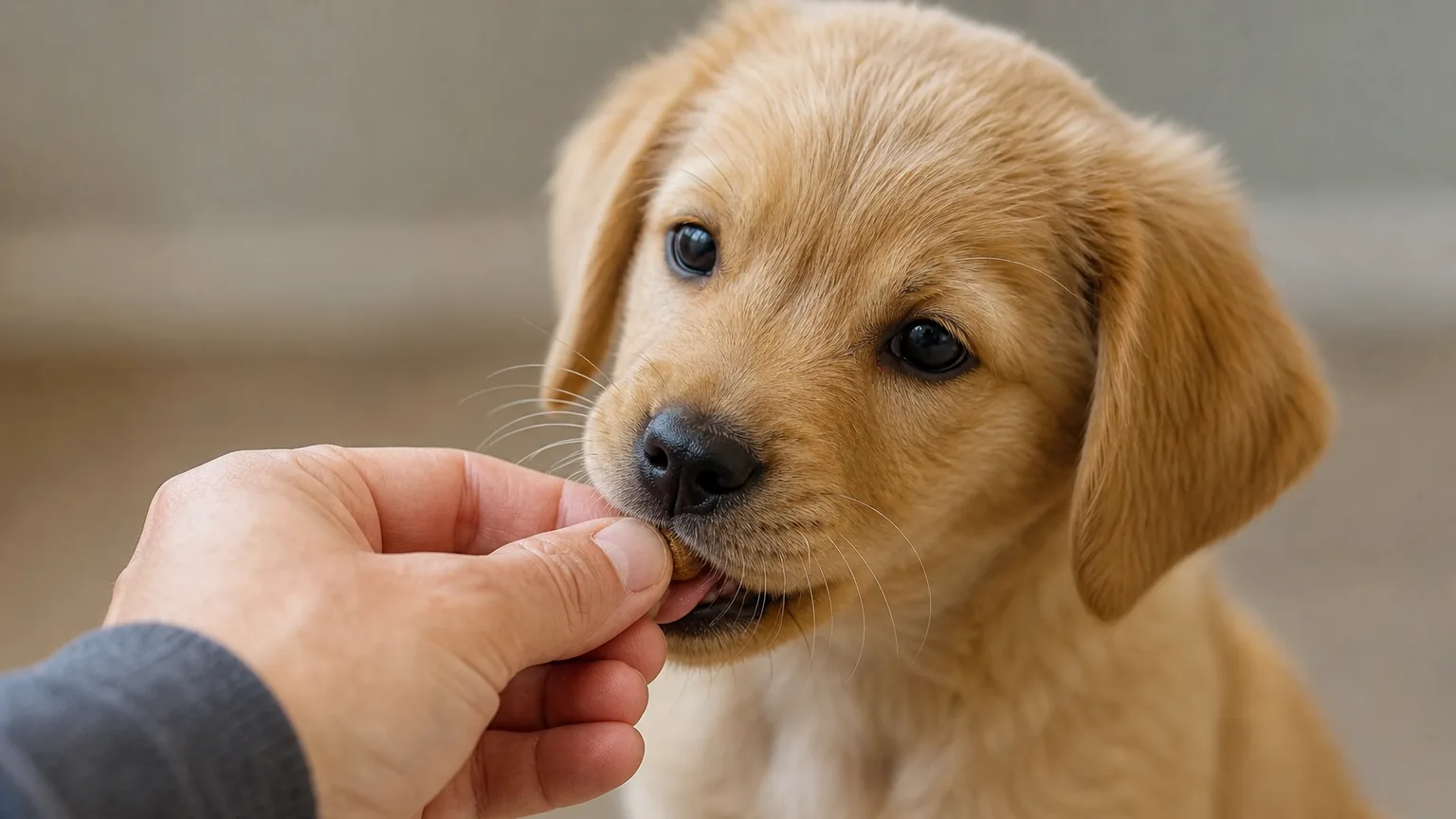 Puppy taking a small treat from a person's fingertips