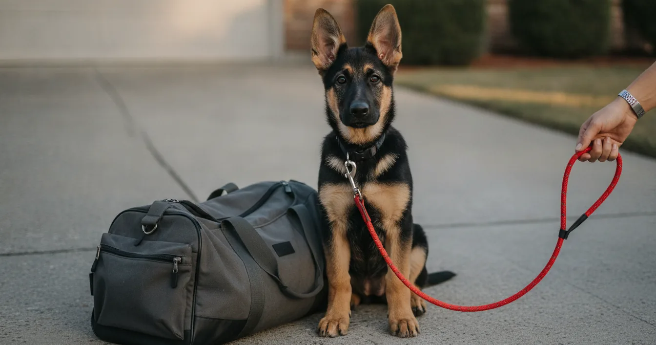 A shepherd mix puppy on a driveway beside a packed duffel bag