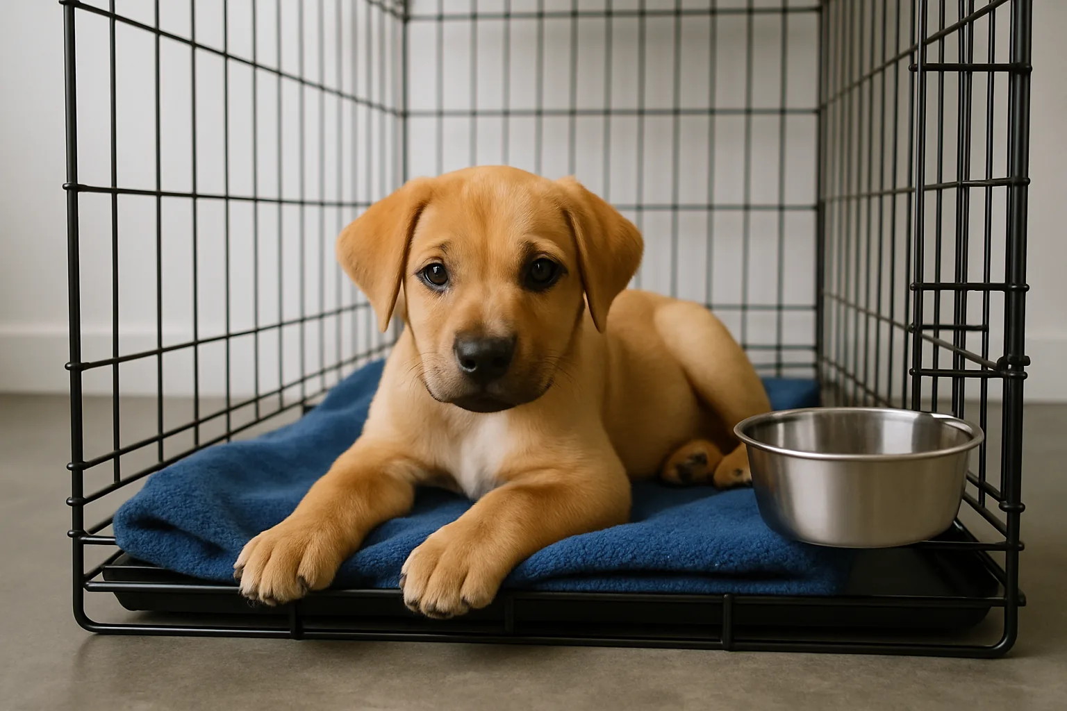 A tan puppy lying on a blue blanket inside a wire crate