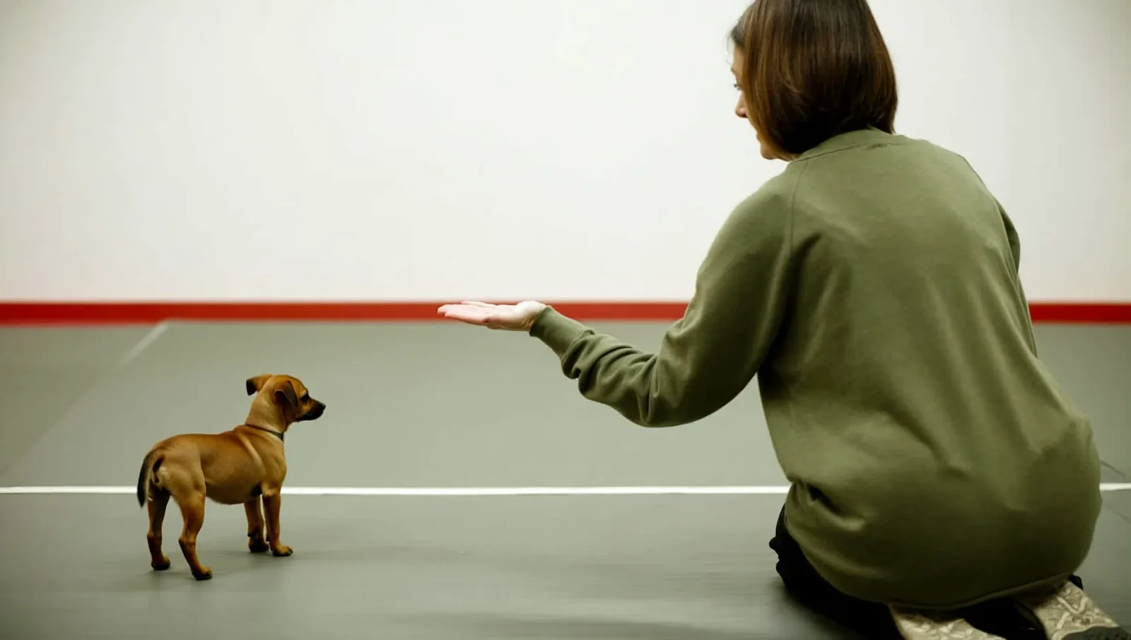 A woman kneeling on a training room floor with a small dog