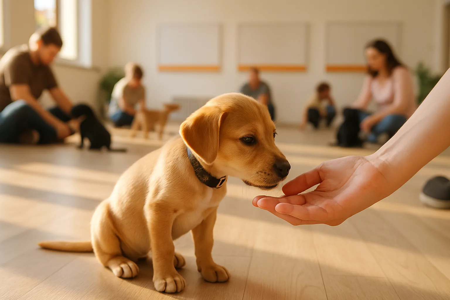 A small puppy in a bright indoor puppy class sniffing toward a person's hand offering a treat.