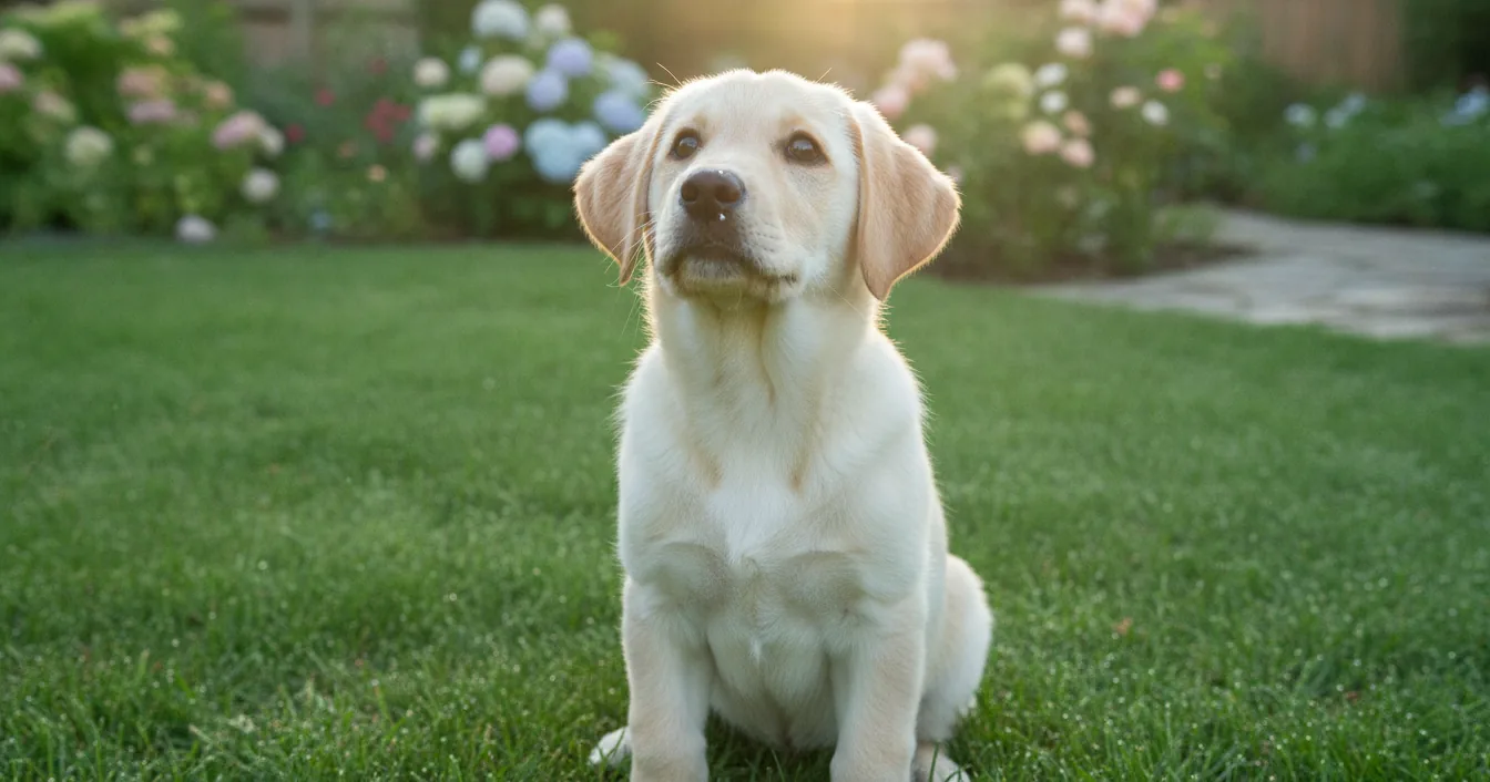 A curious young puppy sitting on green grass in soft morning light, looking up at the camera.