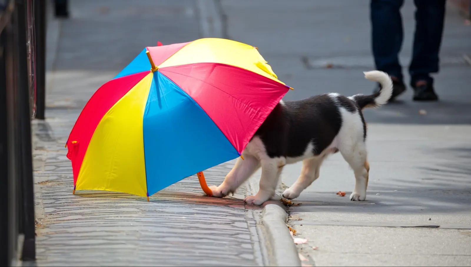 A young puppy on a loose leash investigating an open umbrella on a sunny sidewalk.