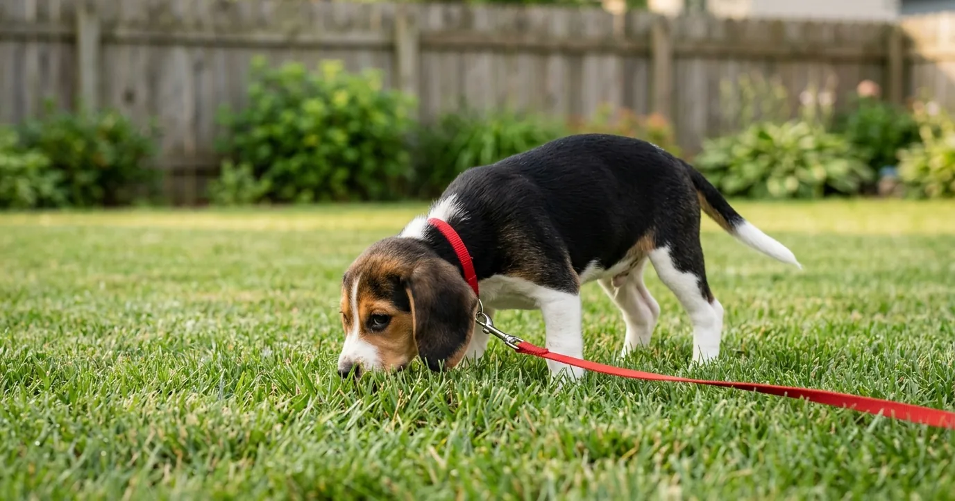Beagle puppy on a red leash sniffing the grass