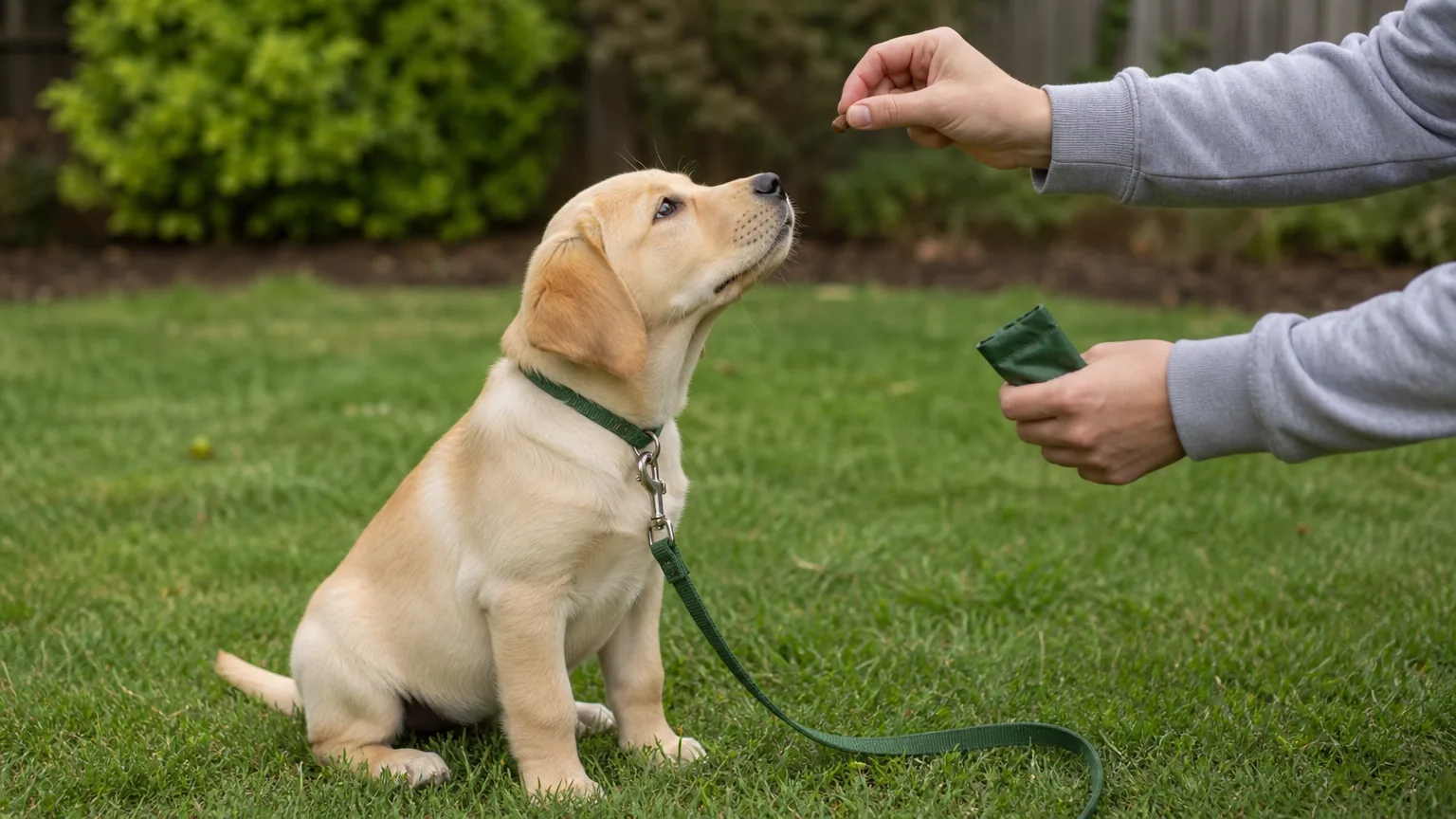 Labrador puppy looking up at a hand holding a treat