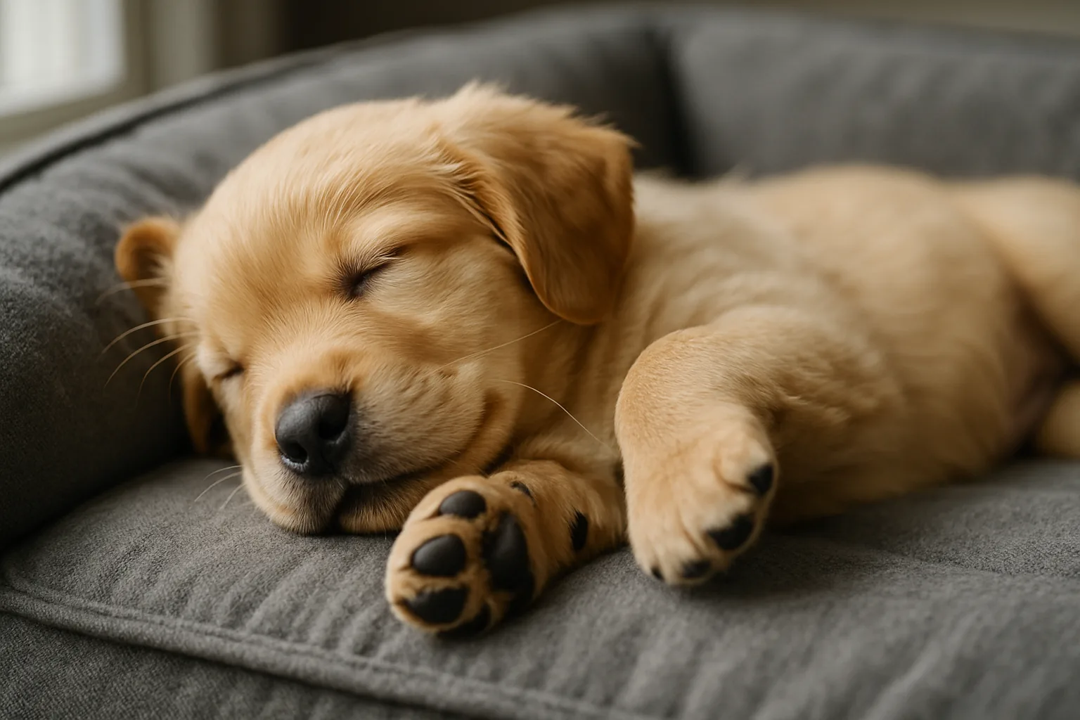 A golden retriever puppy asleep on its side on a dog bed, front paws twitching mid-dream.