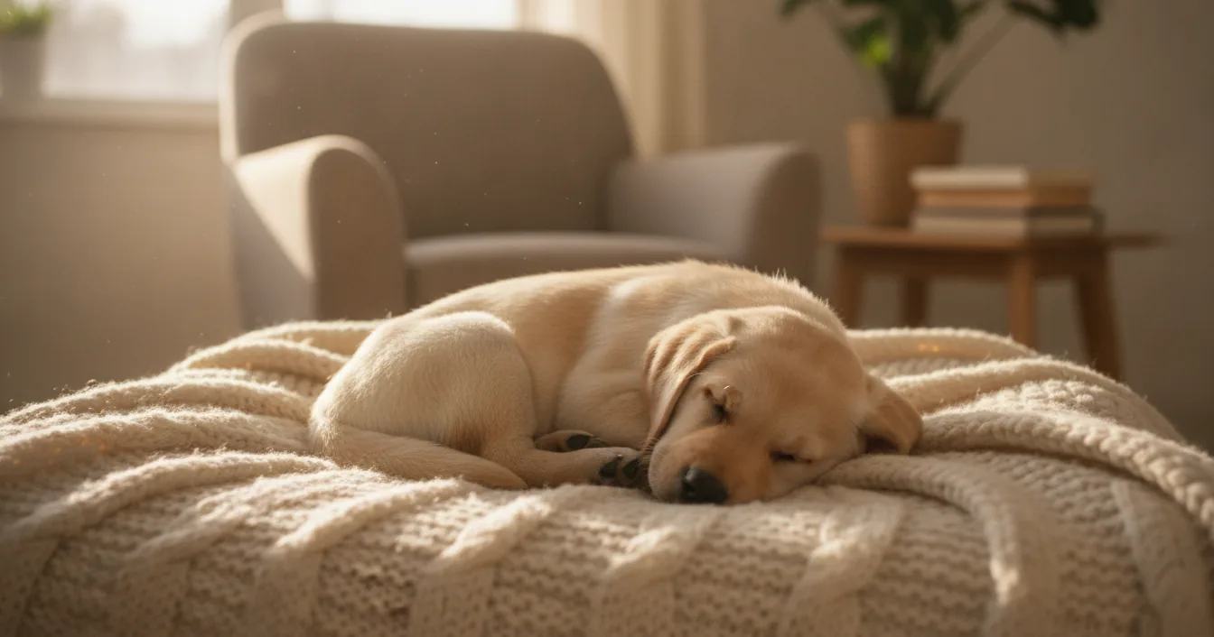 A young puppy curled up fast asleep on a soft blanket in warm afternoon light.
