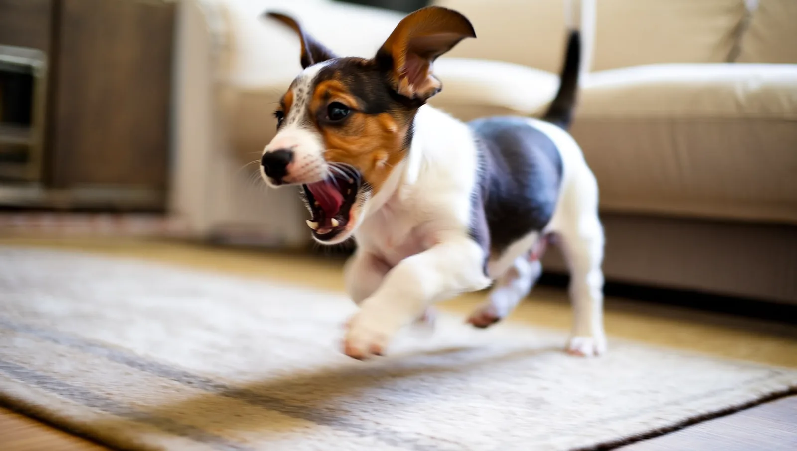 A young terrier puppy mid-zoomies, racing across a living room rug with ears back and mouth open.